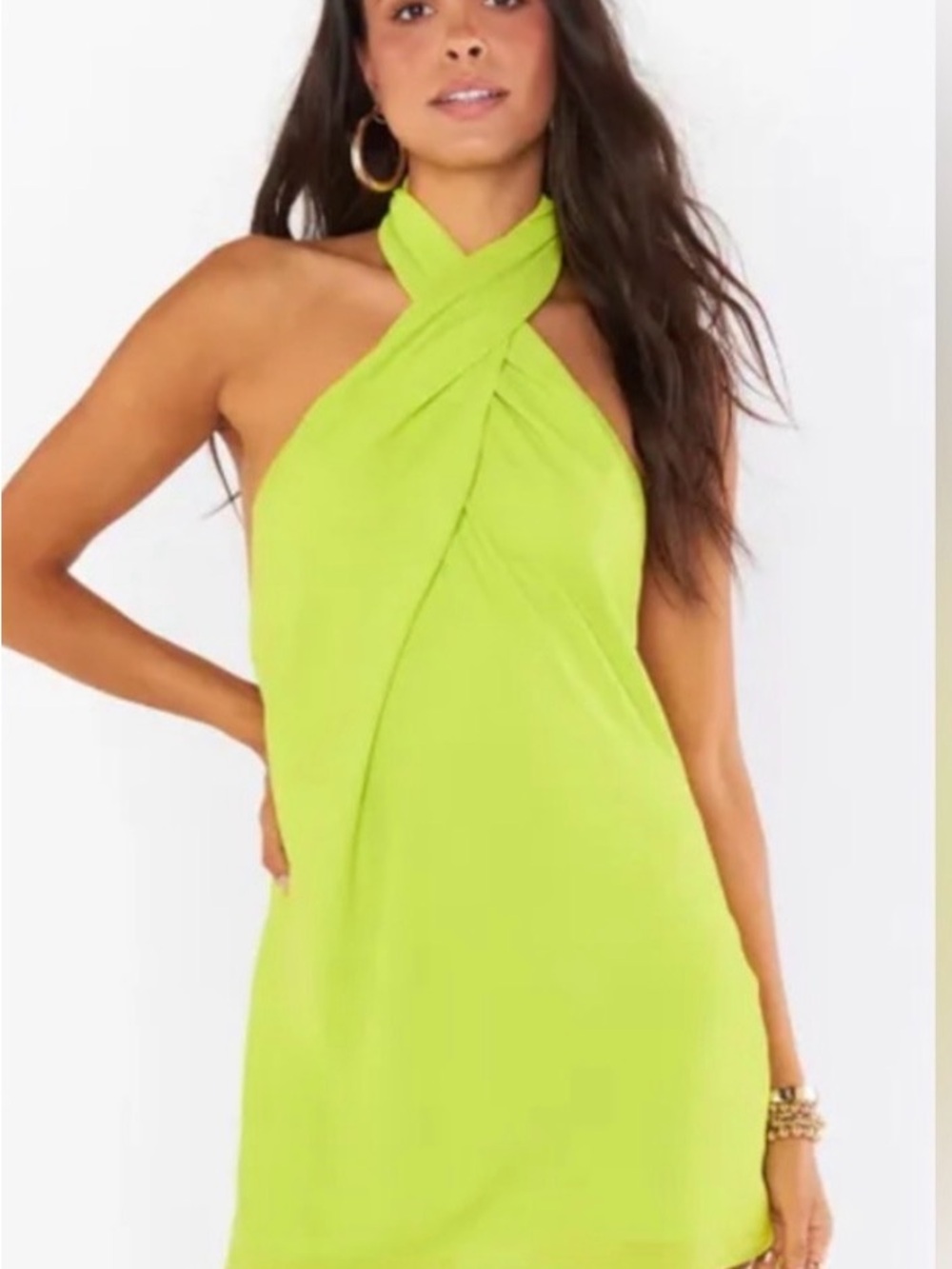 Lime Green Halter Twist Neck Dress - Women
